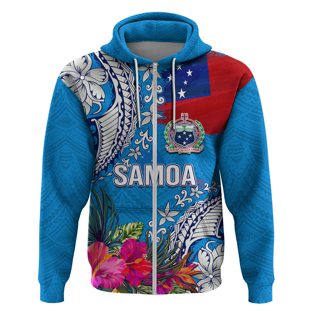 Personalised Samoa Coat Of Arms Hoodie Tropical Flower Blue Polynesian Pattern LT03 Zip Hoodie Blue - Polynesian Pride