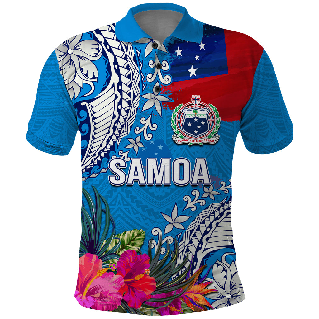 Personalised Samoa Coat Of Arms Polo Shirt Tropical Flower Blue Polynesian Pattern LT03 Blue - Polynesian Pride