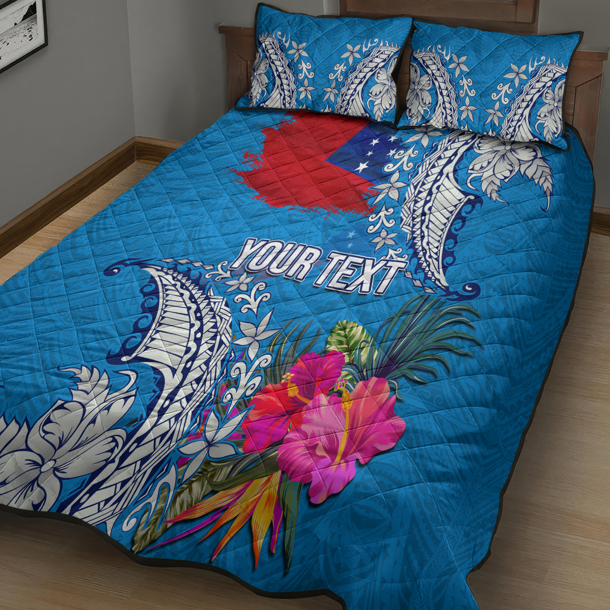 Personalised Samoa Coat Of Arms Quilt Bed Set Tropical Flower Blue Polynesian Pattern LT03 - Polynesian Pride