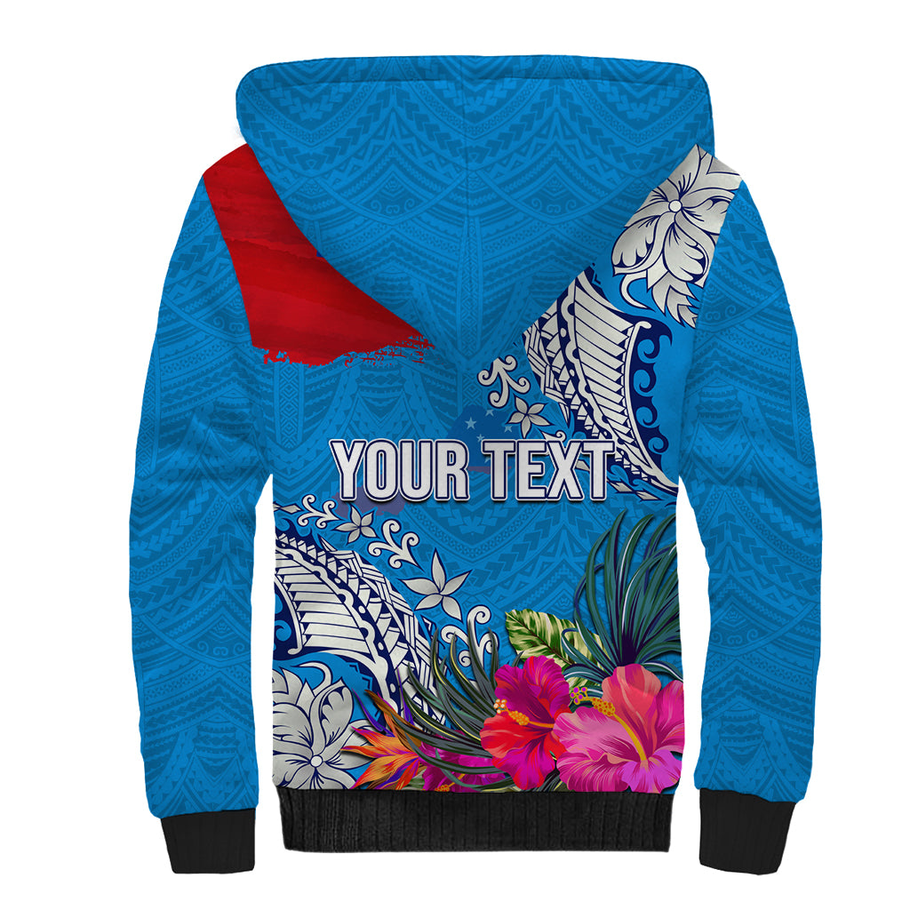 Personalised Samoa Coat Of Arms Sherpa Hoodie Tropical Flower Blue Polynesian Pattern LT03 - Polynesian Pride