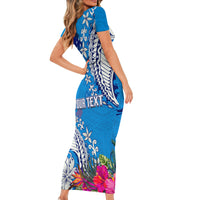 Personalised Samoa Coat Of Arms Short Sleeve Bodycon Dress Tropical Flower Blue Polynesian Pattern LT03 - Polynesian Pride