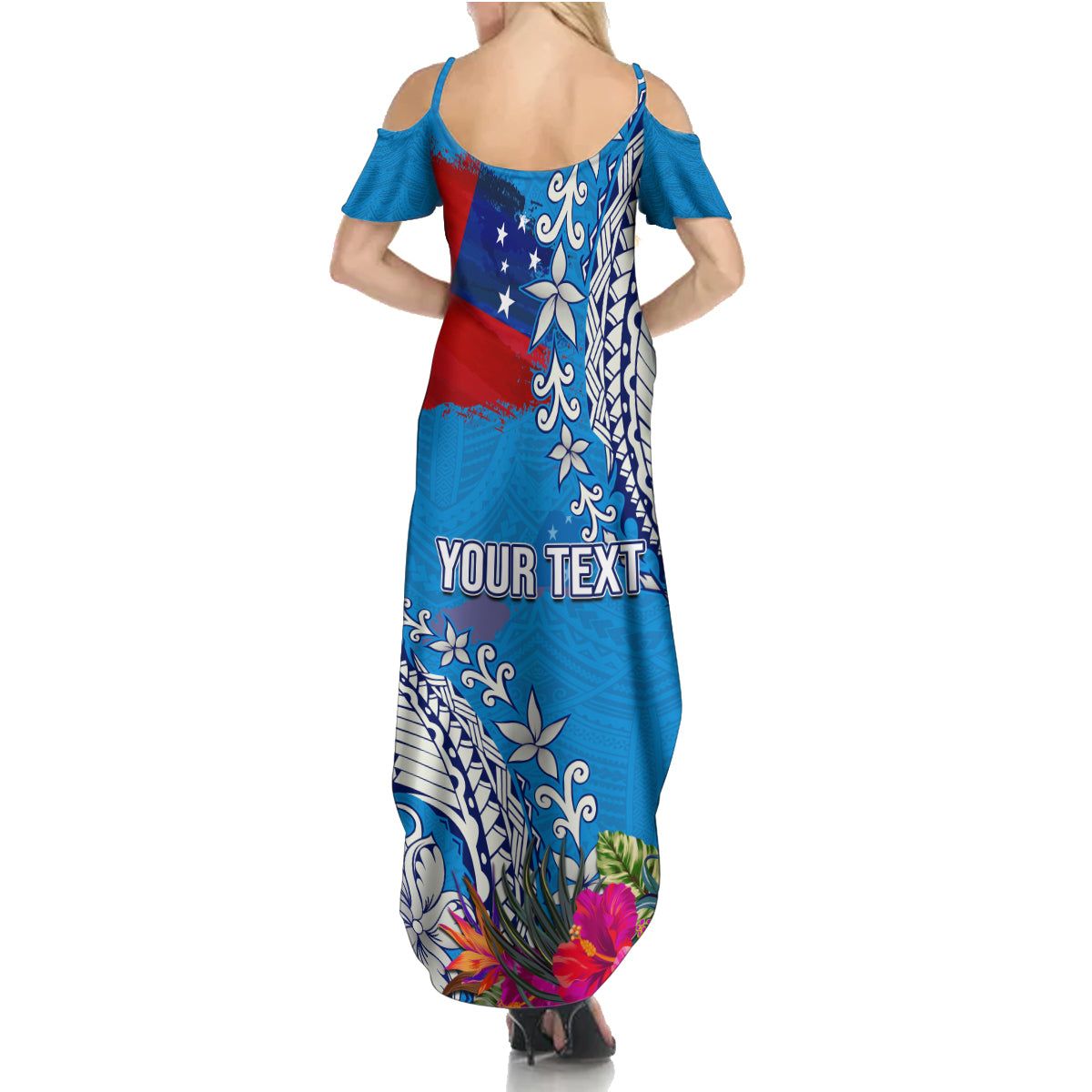 Personalised Samoa Coat Of Arms Summer Maxi Dress Tropical Flower Blue Polynesian Pattern LT03 - Polynesian Pride