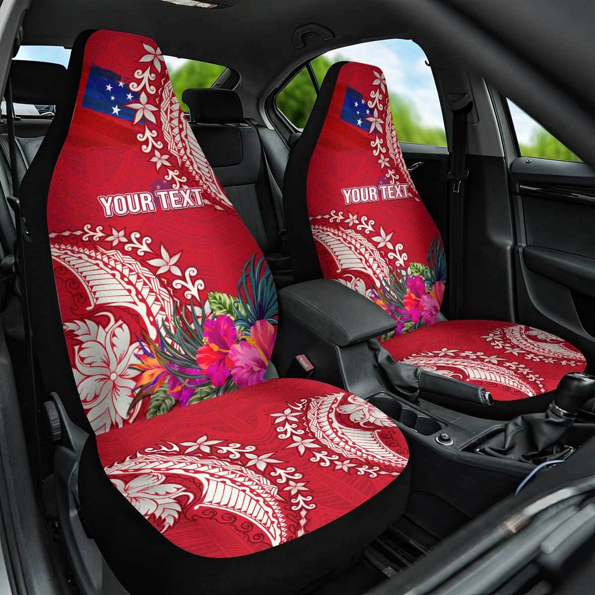 Personalised Samoa Coat Of Arms Car Seat Cover Tropical Flower Red Polynesian Pattern LT03 One Size Red - Polynesian Pride