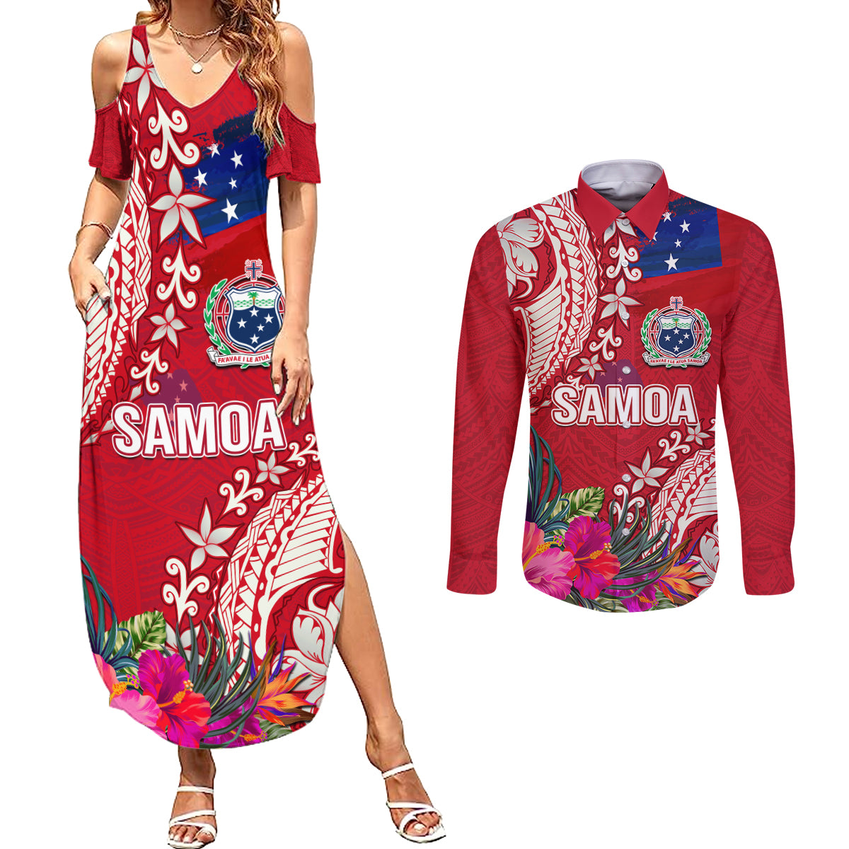 Personalised Samoa Coat Of Arms Couples Matching Summer Maxi Dress and Long Sleeve Button Shirt Tropical Flower Red Polynesian Pattern LT03 Red - Polynesian Pride