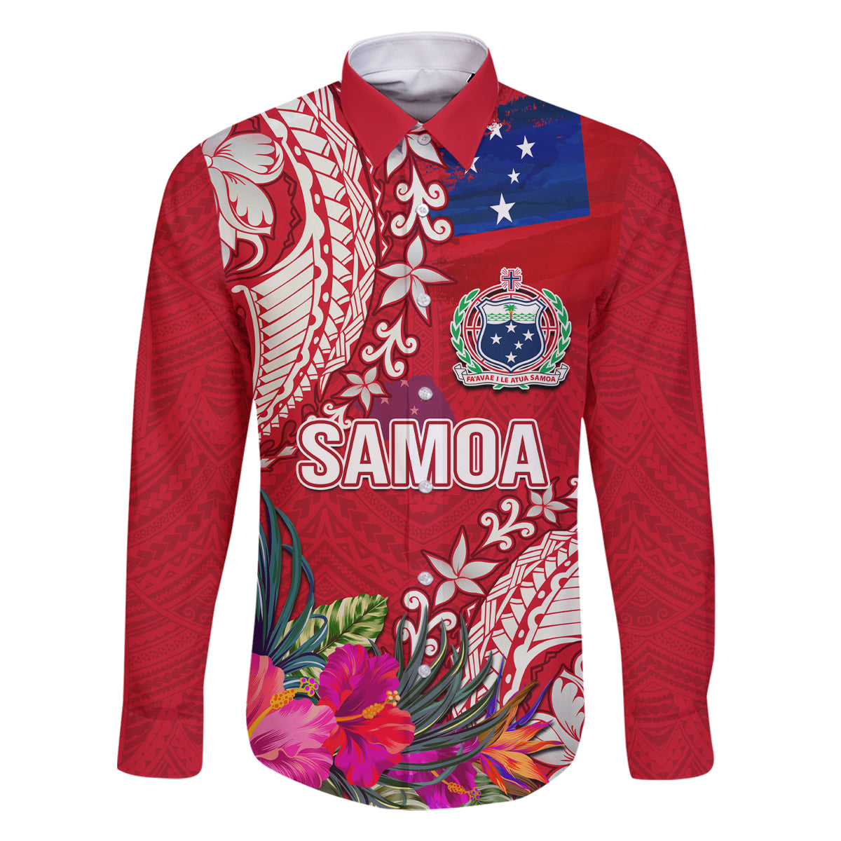 Personalised Samoa Coat Of Arms Family Matching Off Shoulder Short Dress and Hawaiian Shirt Tropical Flower Red Polynesian Pattern LT03 Dad's Shirt - Long Sleeve Red - Polynesian Pride