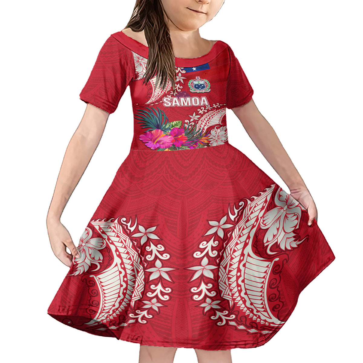 Personalised Samoa Coat Of Arms Family Matching Short Sleeve Bodycon Dress and Hawaiian Shirt Tropical Flower Red Polynesian Pattern LT03 Daughter's Dress Red - Polynesian Pride