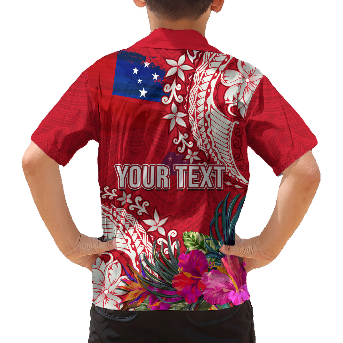 Personalised Samoa Coat Of Arms Kid Hawaiian Shirt Tropical Flower Red Polynesian Pattern LT03 - Polynesian Pride