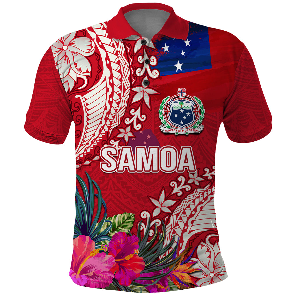 Personalised Samoa Coat Of Arms Polo Shirt Tropical Flower Red Polynesian Pattern LT03 Red - Polynesian Pride