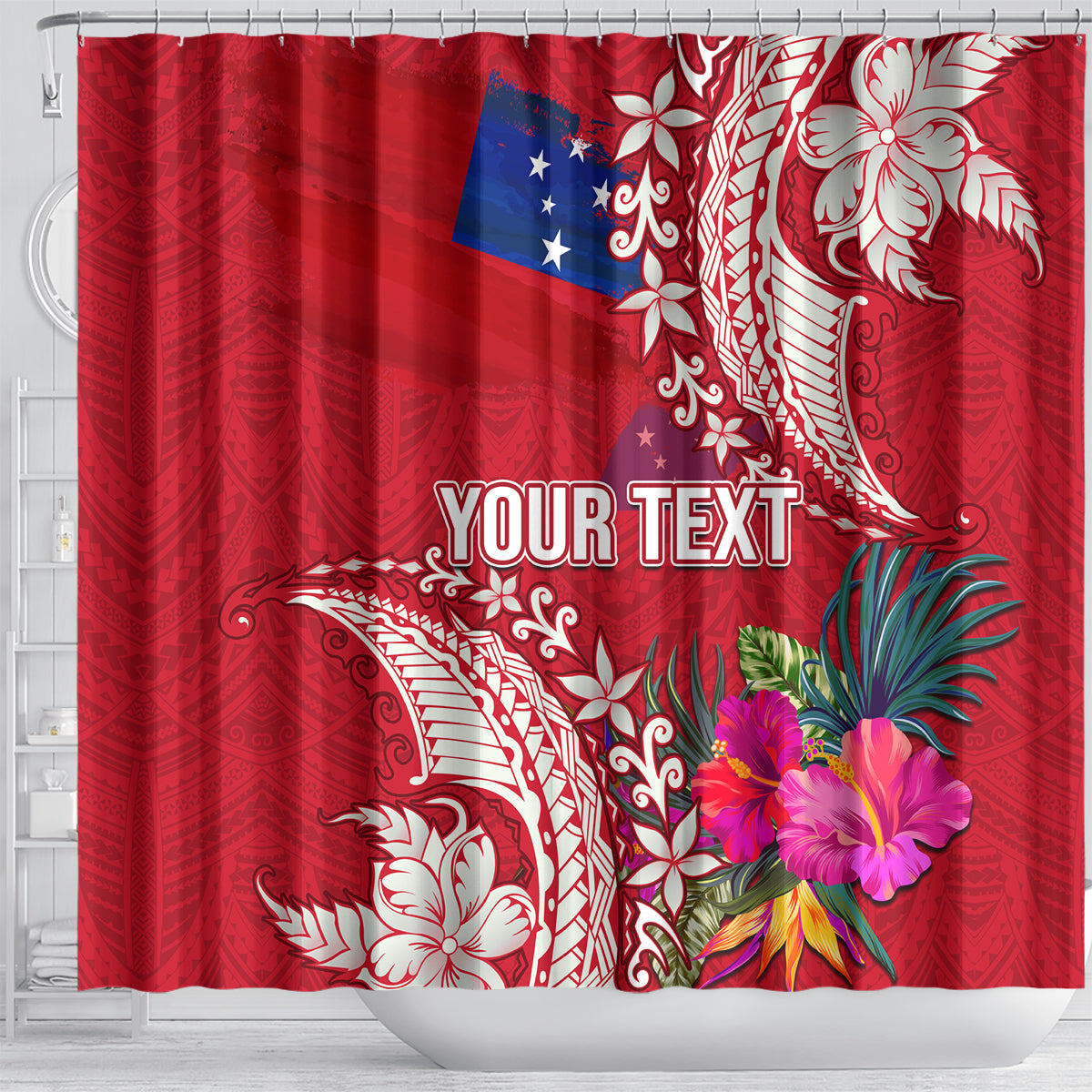 Personalised Samoa Coat Of Arms Shower Curtain Tropical Flower Red Polynesian Pattern LT03 - Polynesian Pride