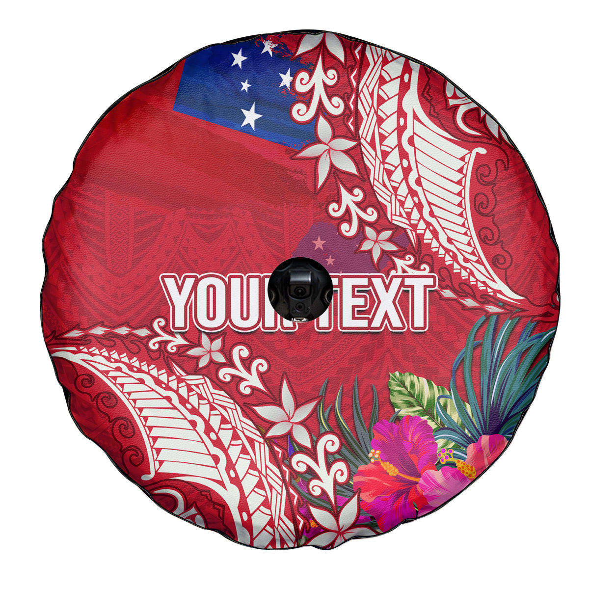 Personalised Samoa Coat Of Arms Spare Tire Cover Tropical Flower Red Polynesian Pattern LT03 - Polynesian Pride
