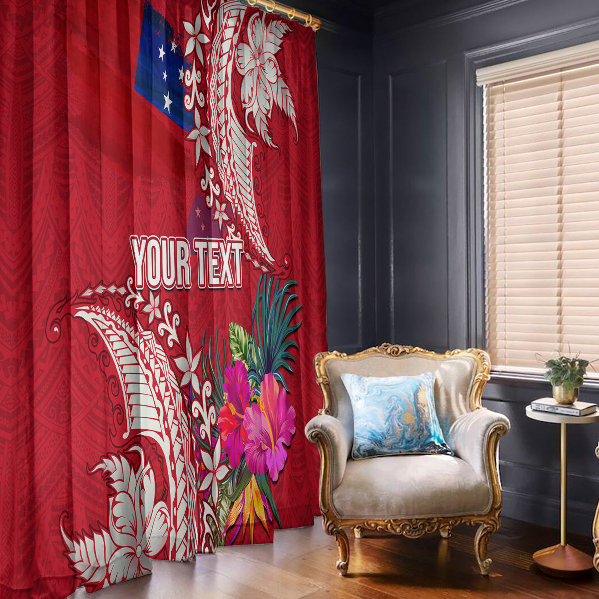 Personalised Samoa Coat Of Arms Window Curtain Tropical Flower Red Polynesian Pattern LT03 - Polynesian Pride