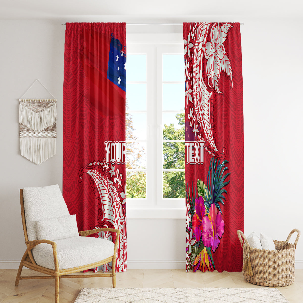 Personalised Samoa Coat Of Arms Window Curtain Tropical Flower Red Polynesian Pattern LT03 - Polynesian Pride
