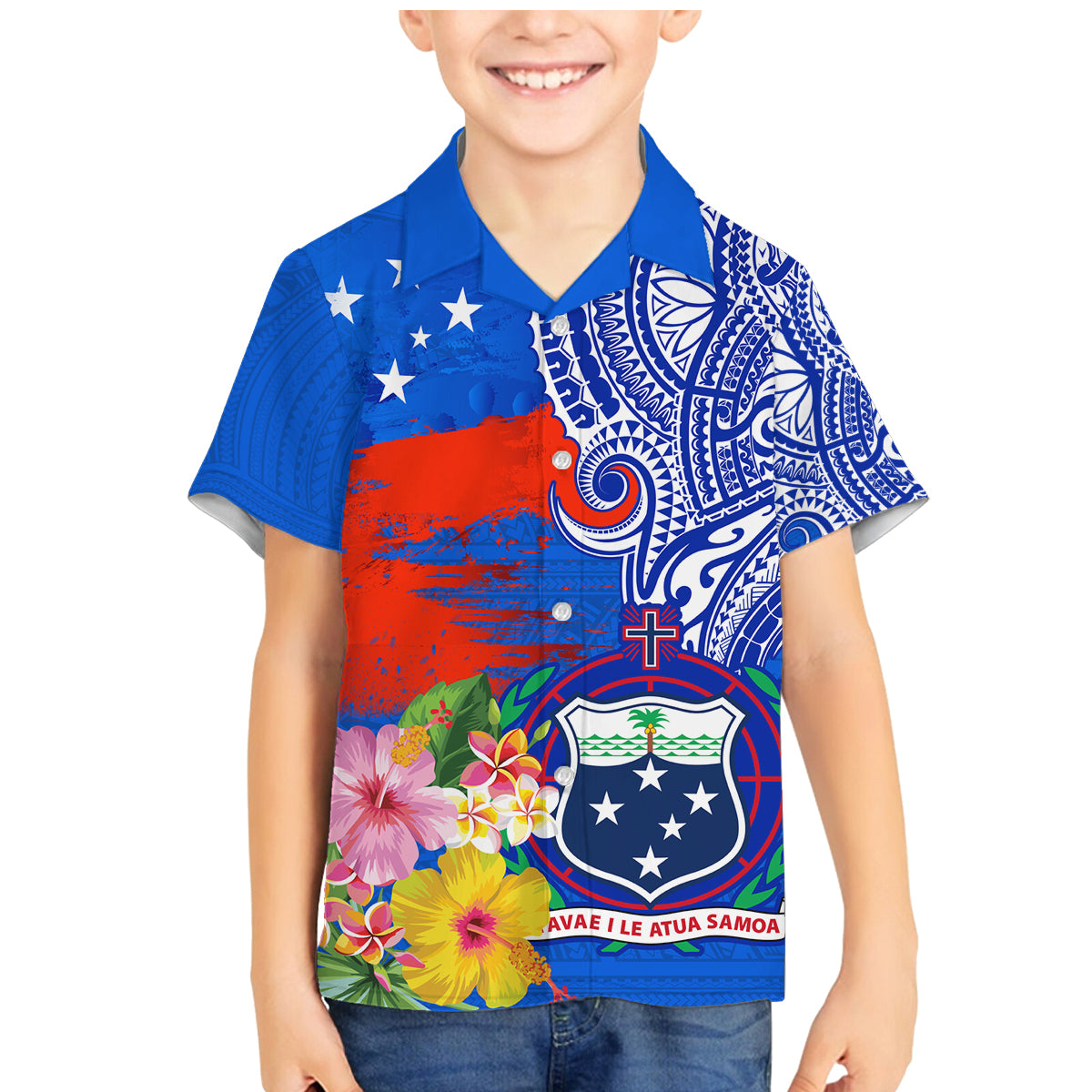 Personalised Samoa Coat Of Arms Family Matching Mermaid Dress and Hawaiian Shirt Hibiscus Polynesian Tattoo Pattern LT03 Son's Shirt Blue - Polynesian Pride