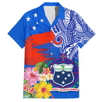 Personalised Samoa Coat Of Arms Family Matching Off Shoulder Short Dress and Hawaiian Shirt Hibiscus Polynesian Tattoo Pattern LT03 Dad's Shirt - Short Sleeve Blue - Polynesian Pride