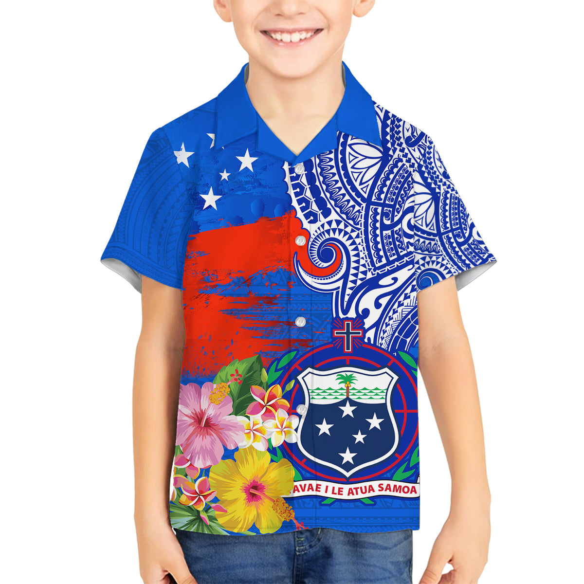 Personalised Samoa Coat Of Arms Family Matching Tank Maxi Dress and Hawaiian Shirt Hibiscus Polynesian Tattoo Pattern LT03 Son's Shirt Blue - Polynesian Pride