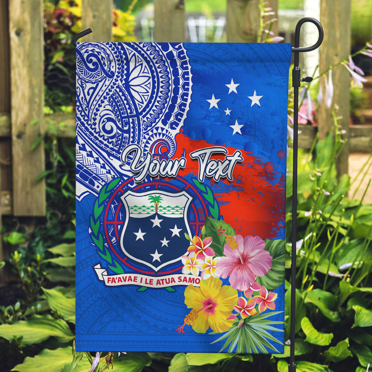 Personalised Samoa Coat Of Arms Garden Flag Hibiscus Polynesian Tattoo Pattern LT03 Garden Flag Blue - Polynesian Pride