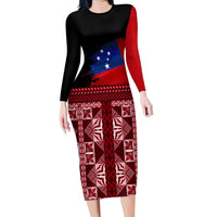 Samoa Flag Day Family Matching Long Sleeve Bodycon Dress and Hawaiian Shirt Siapo Pattern and Ula Fala LT03 Mom's Dress Red - Polynesian Pride