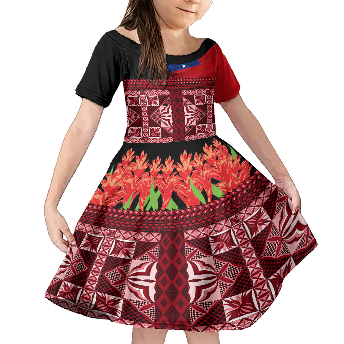 Samoa Flag Day Family Matching Off Shoulder Long Sleeve Dress and Hawaiian Shirt Siapo Pattern and Ula Fala LT03 Daughter's Dress Red - Polynesian Pride