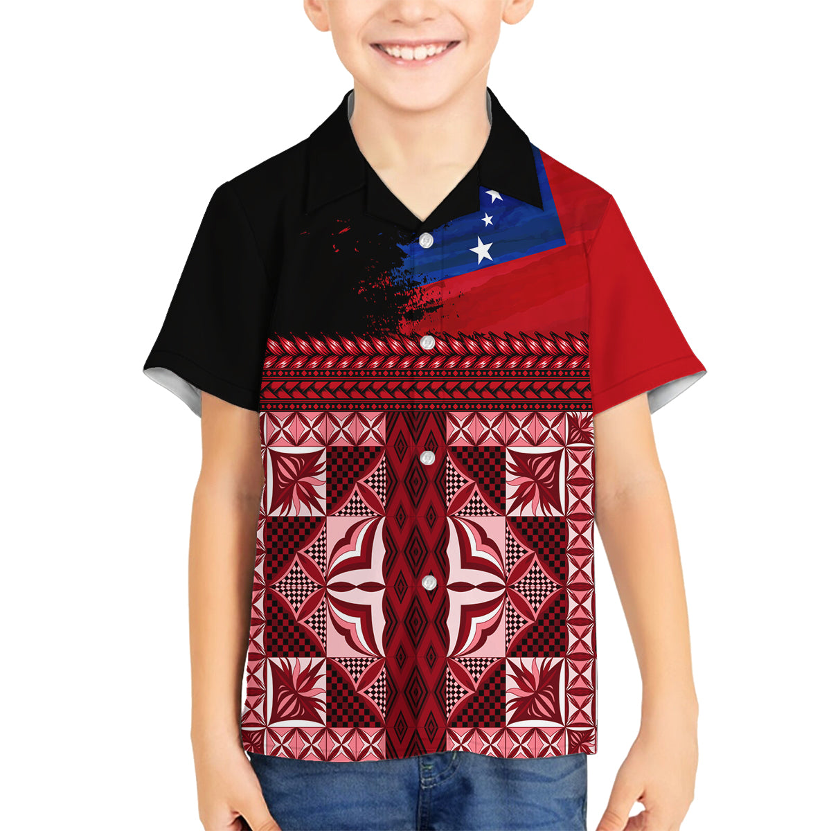 Samoa Flag Day Family Matching Puletasi and Hawaiian Shirt Siapo Pattern and Ula Fala LT03 Son's Shirt Red - Polynesian Pride