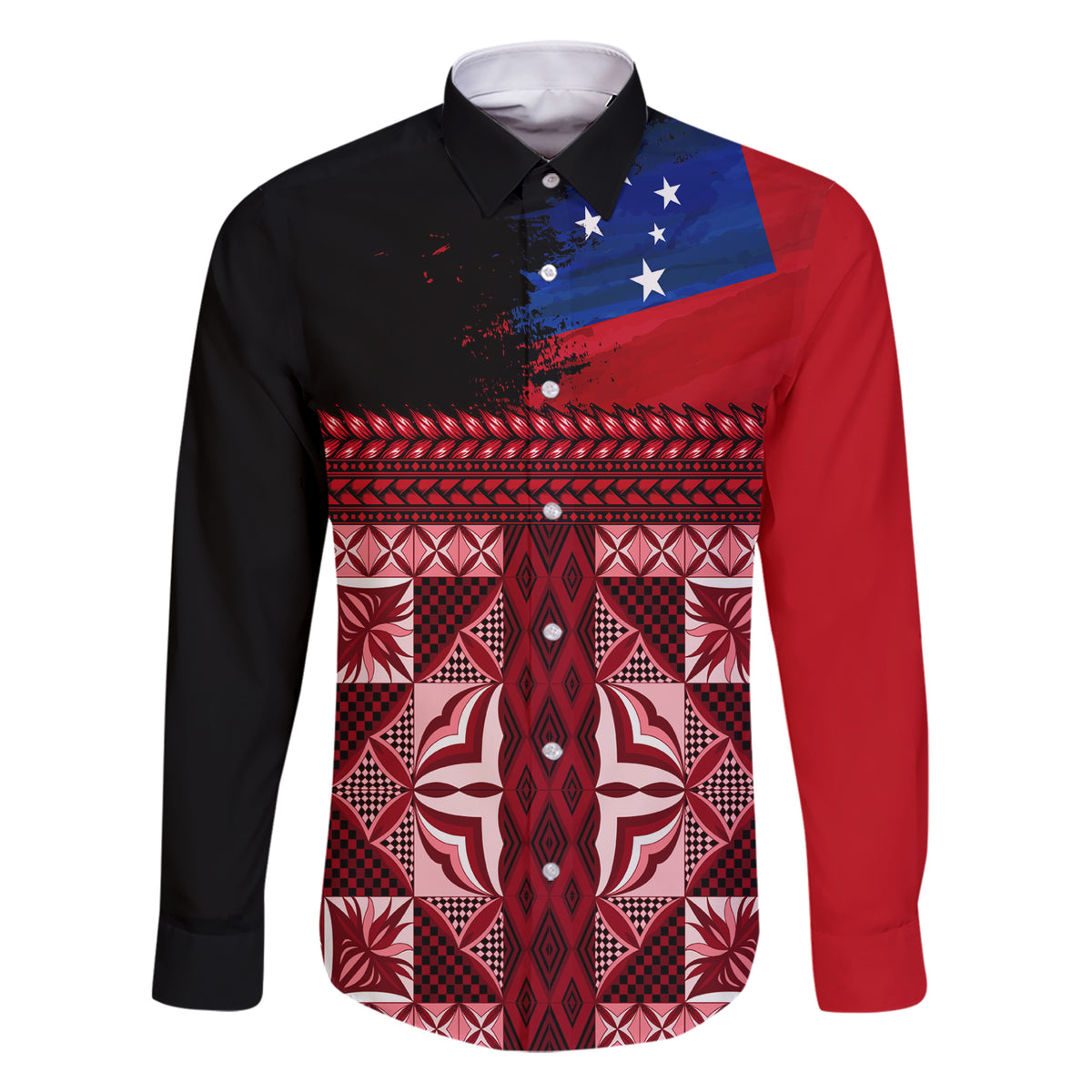 Samoa Flag Day Family Matching Short Sleeve Bodycon Dress and Hawaiian Shirt Siapo Pattern and Ula Fala LT03 Dad's Shirt - Long Sleeve Red - Polynesian Pride