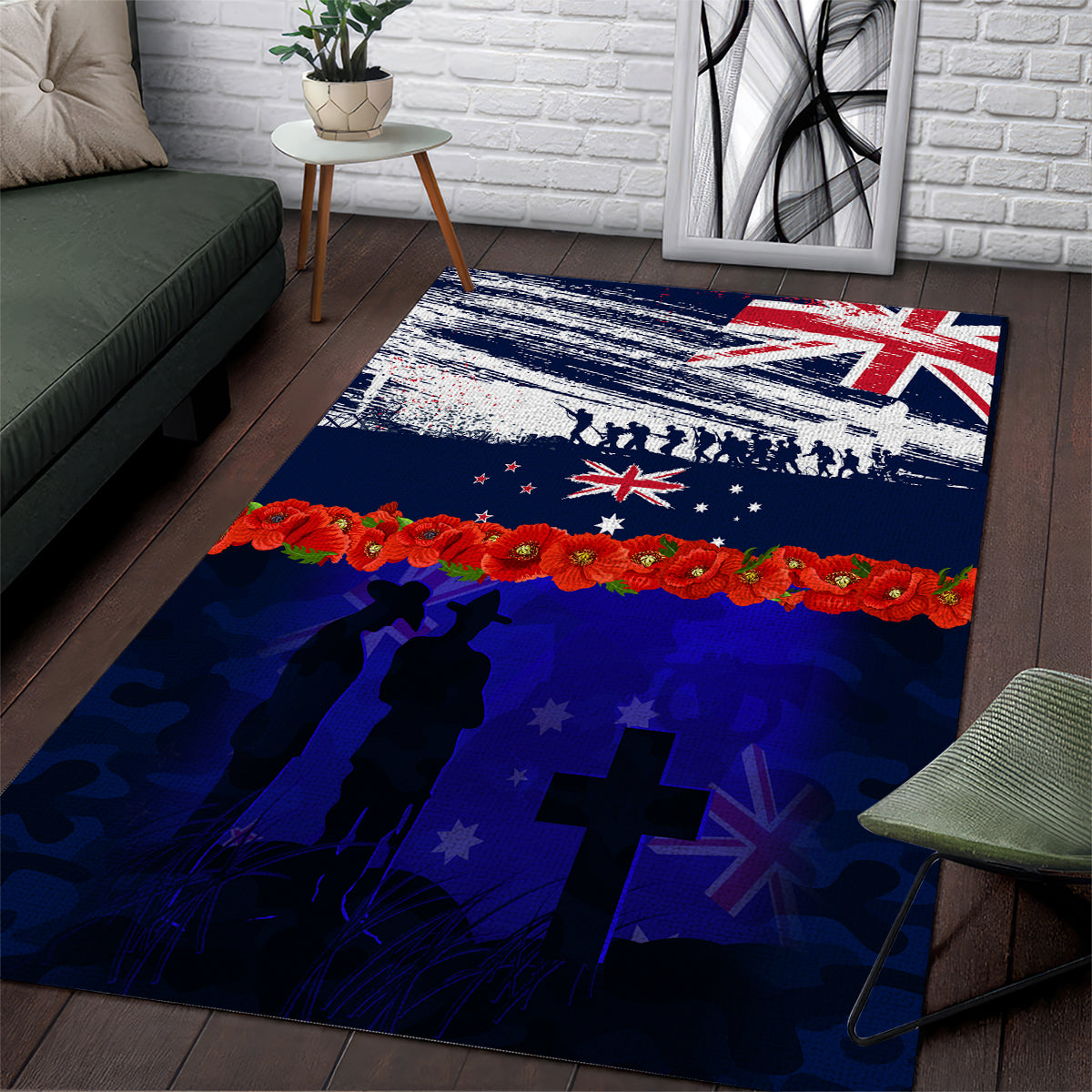 New Zealand and Australia ANZAC Day Area Rug Lest We Forget Red Poppy Flowers and Soldier LT03 Blue - Polynesian Pride