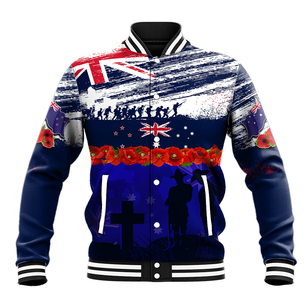 New Zealand and Australia ANZAC Day Baseball Jacket Lest We Forget Red Poppy Flowers and Soldier LT03 Unisex Blue - Polynesian Pride