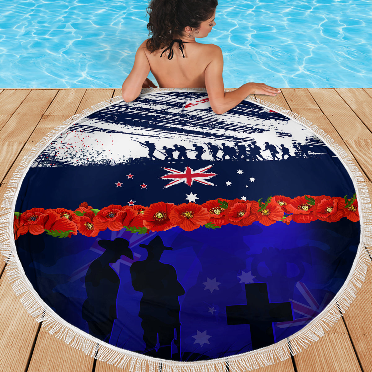 New Zealand and Australia ANZAC Day Beach Blanket Lest We Forget Red Poppy Flowers and Soldier LT03 - Polynesian Pride