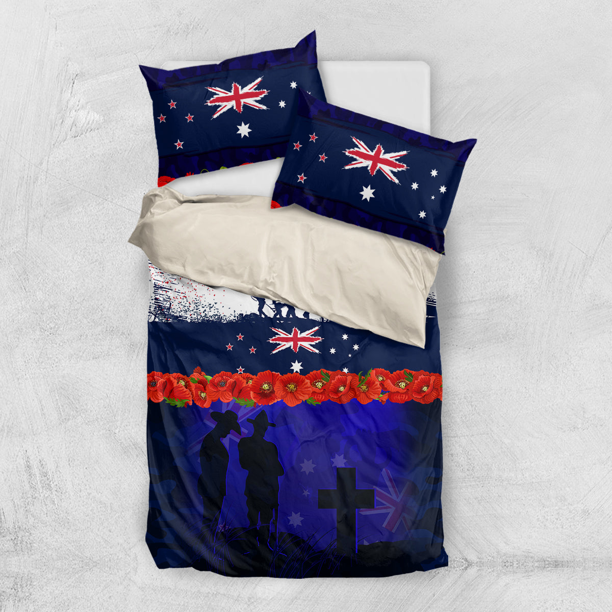 New Zealand and Australia ANZAC Day Bedding Set Lest We Forget Red Poppy Flowers and Soldier LT03 US Twin 172cm x 218cm Blue - Polynesian Pride