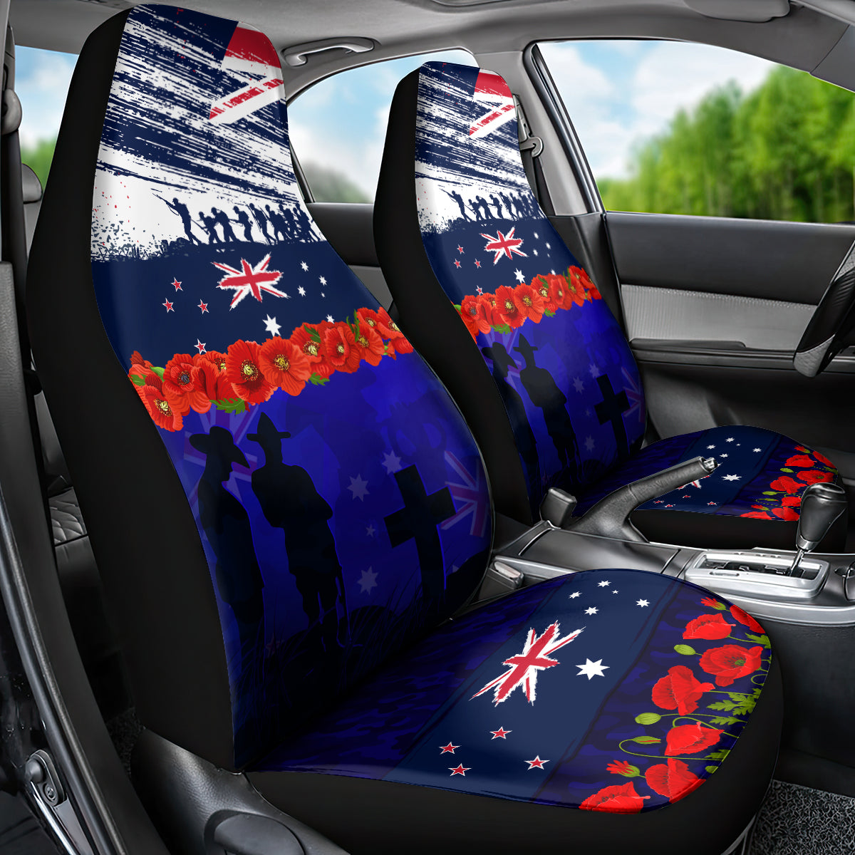 New Zealand and Australia ANZAC Day Car Seat Cover Lest We Forget Red Poppy Flowers and Soldier LT03 - Polynesian Pride