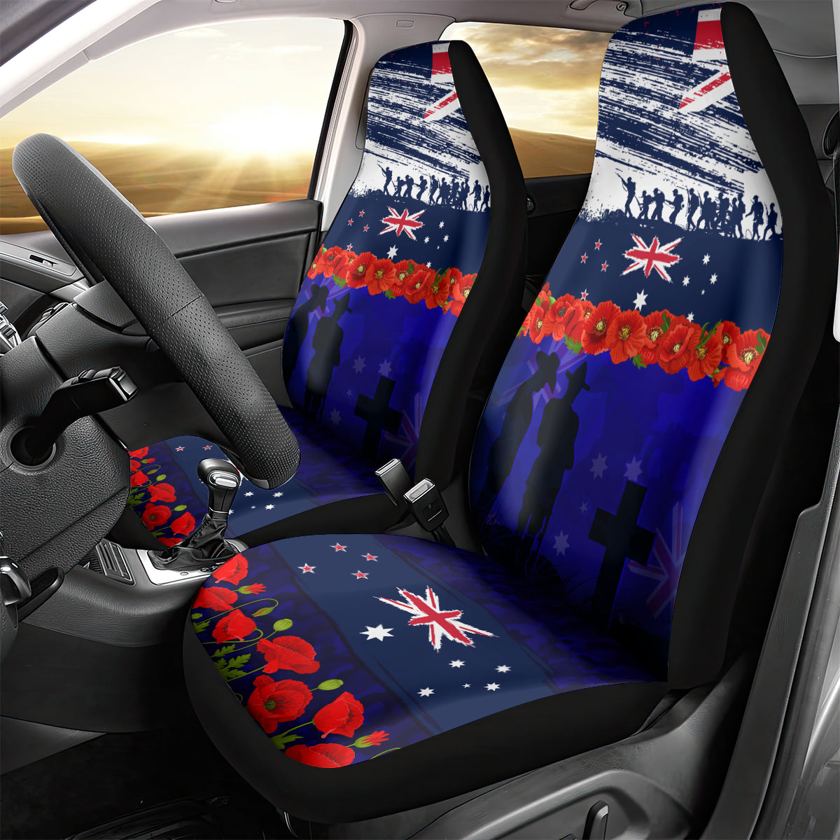 New Zealand and Australia ANZAC Day Car Seat Cover Lest We Forget Red Poppy Flowers and Soldier LT03 - Polynesian Pride