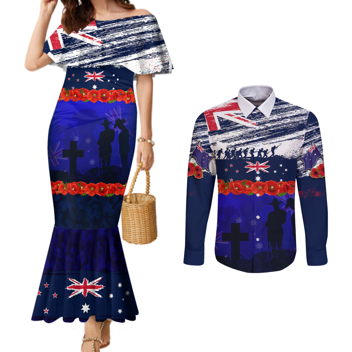 New Zealand and Australia ANZAC Day Couples Matching Mermaid Dress and Long Sleeve Button Shirt Lest We Forget Red Poppy Flowers and Soldier LT03 Blue - Polynesian Pride