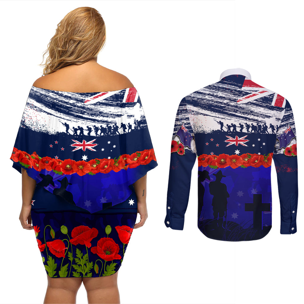New Zealand and Australia ANZAC Day Couples Matching Off Shoulder Short Dress and Long Sleeve Button Shirt Lest We Forget Red Poppy Flowers and Soldier LT03 - Polynesian Pride