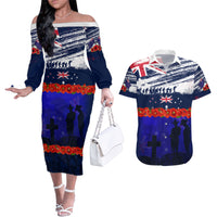 New Zealand and Australia ANZAC Day Couples Matching Off The Shoulder Long Sleeve Dress and Hawaiian Shirt Lest We Forget Red Poppy Flowers and Soldier LT03 Blue - Polynesian Pride
