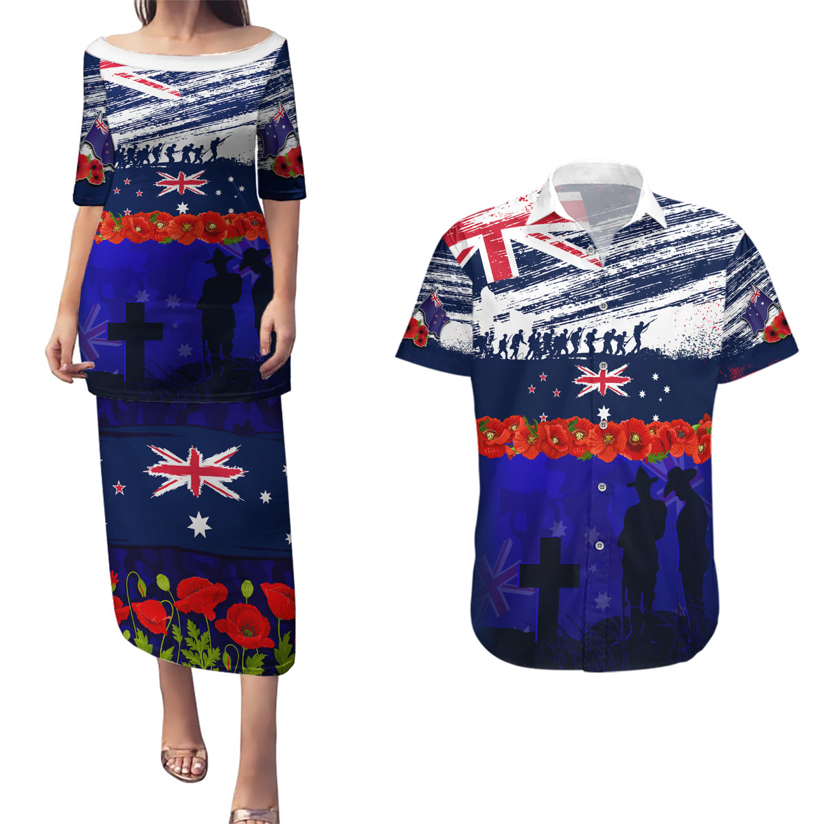 New Zealand and Australia ANZAC Day Couples Matching Puletasi and Hawaiian Shirt Lest We Forget Red Poppy Flowers and Soldier LT03 Blue - Polynesian Pride