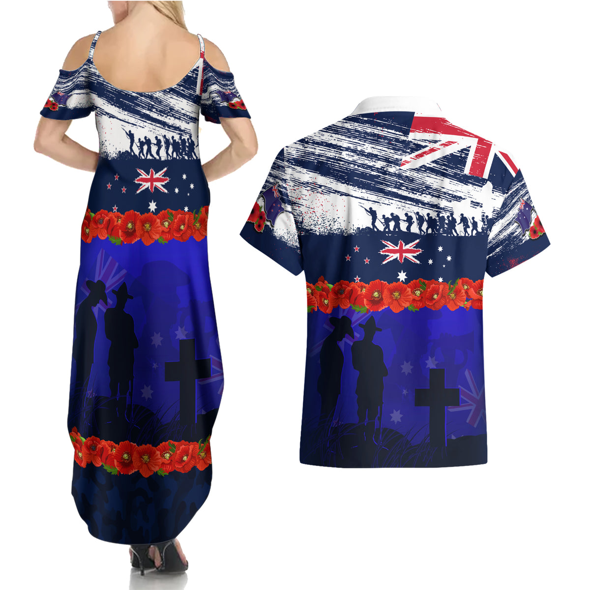 New Zealand and Australia ANZAC Day Couples Matching Summer Maxi Dress and Hawaiian Shirt Lest We Forget Red Poppy Flowers and Soldier LT03 - Polynesian Pride