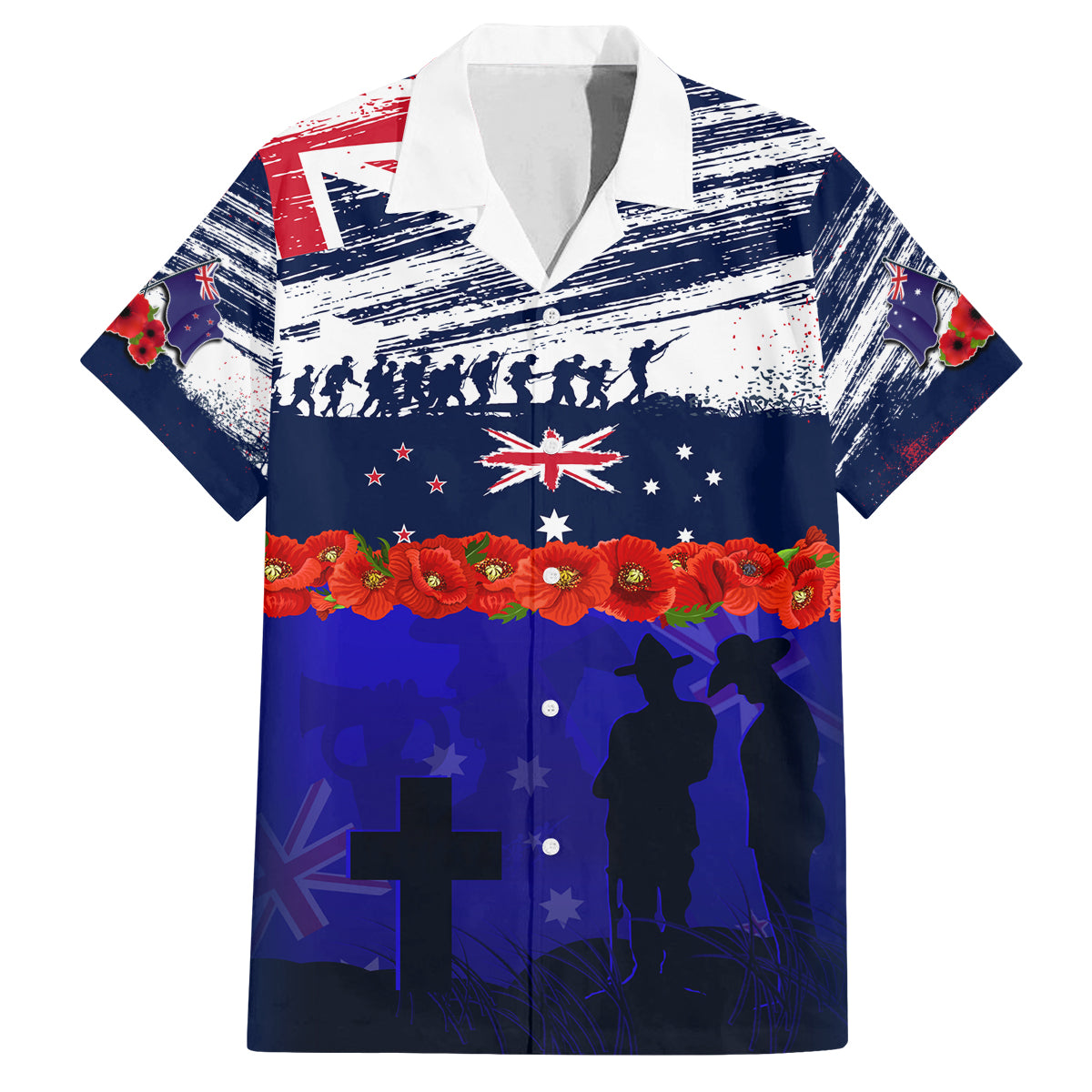 New Zealand and Australia ANZAC Day Family Matching Off Shoulder Maxi Dress and Hawaiian Shirt Lest We Forget Red Poppy Flowers and Soldier LT03 Dad's Shirt - Short Sleeve Blue - Polynesian Pride