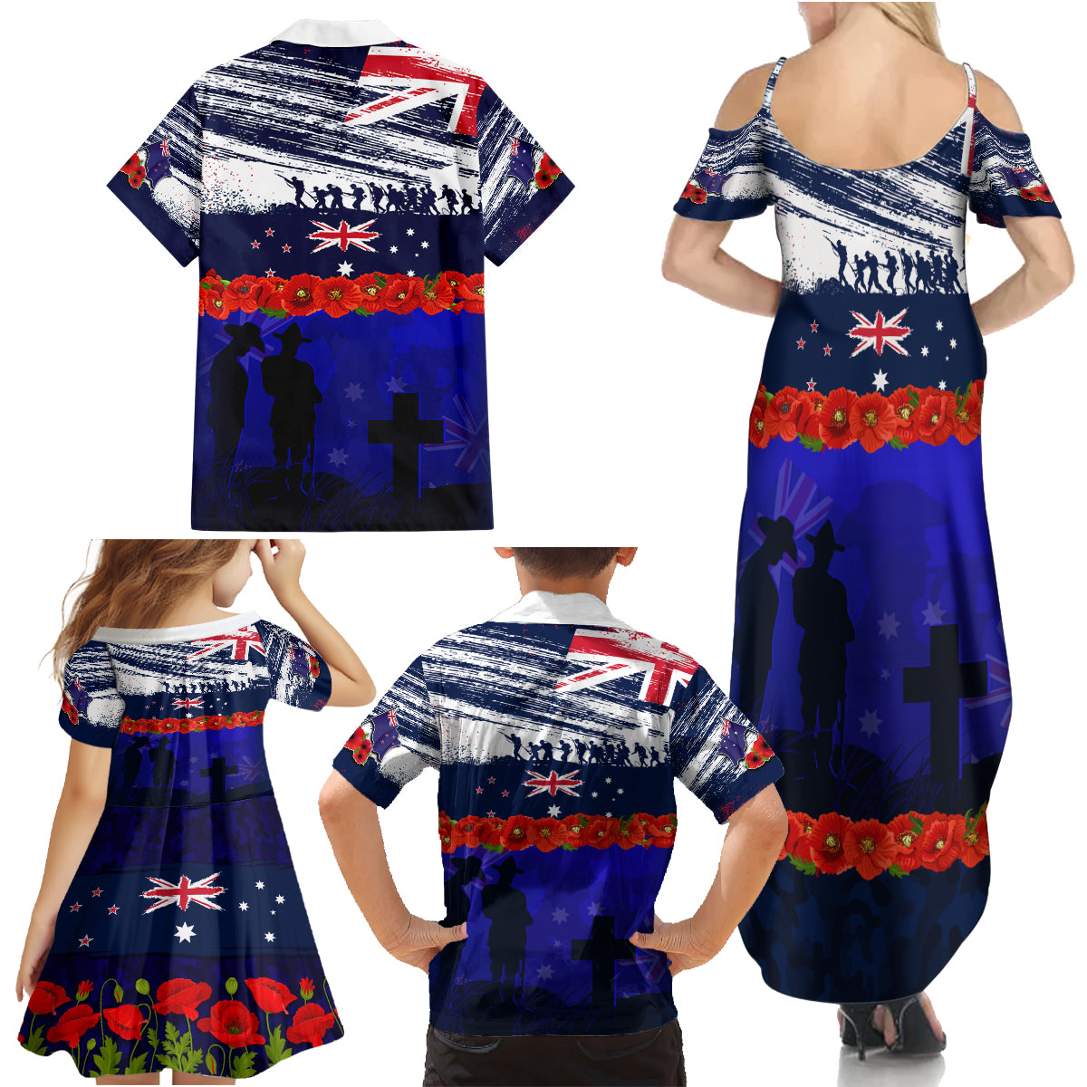 New Zealand and Australia ANZAC Day Family Matching Summer Maxi Dress and Hawaiian Shirt Lest We Forget Red Poppy Flowers and Soldier LT03 - Polynesian Pride