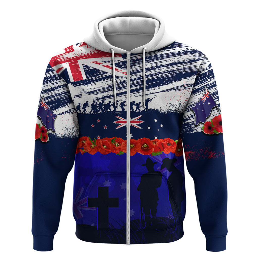 New Zealand and Australia ANZAC Day Hoodie Lest We Forget Red Poppy Flowers and Soldier LT03 Zip Hoodie Blue - Polynesian Pride