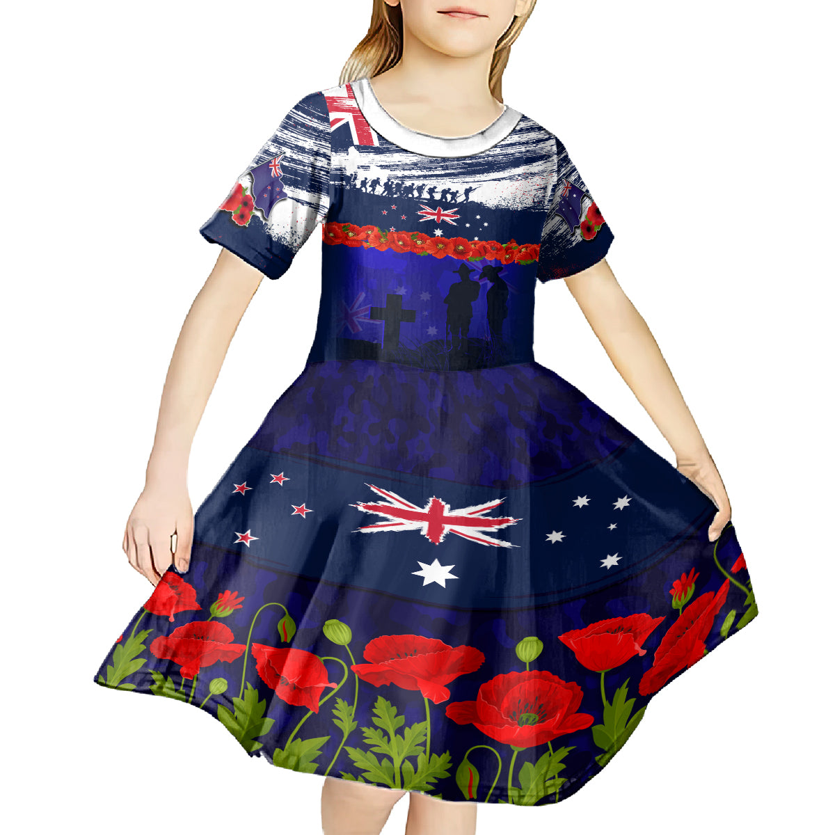 New Zealand and Australia ANZAC Day Kid Short Sleeve Dress Lest We Forget Red Poppy Flowers and Soldier LT03 - Polynesian Pride