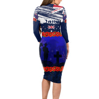 New Zealand and Australia ANZAC Day Long Sleeve Bodycon Dress Lest We Forget Red Poppy Flowers and Soldier LT03 - Polynesian Pride