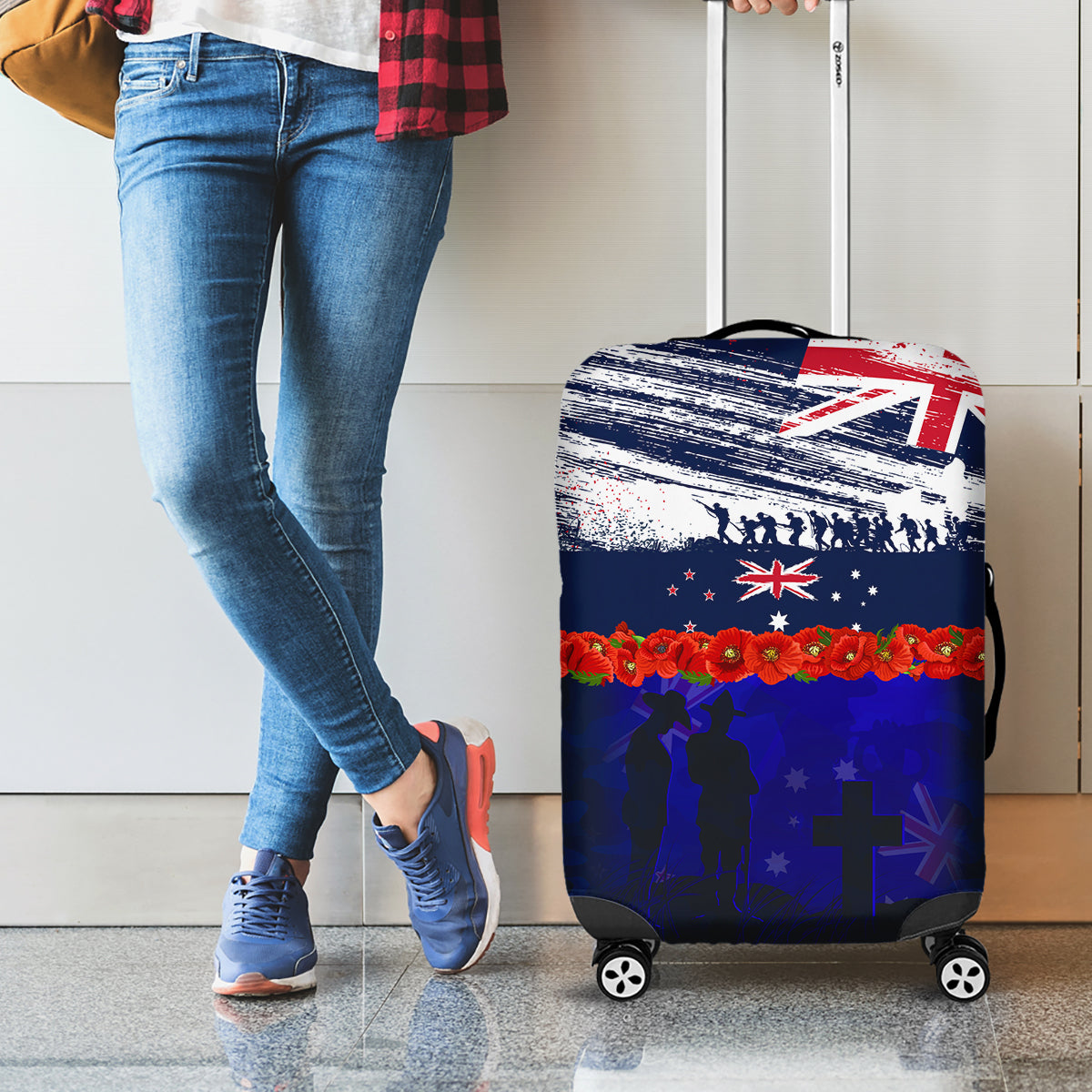 New Zealand and Australia ANZAC Day Luggage Cover Lest We Forget Red Poppy Flowers and Soldier LT03 - Polynesian Pride