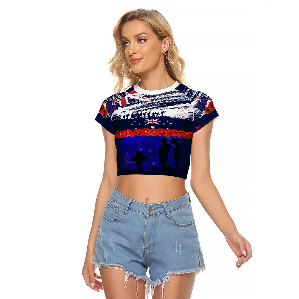 New Zealand and Australia ANZAC Day Raglan Cropped T Shirt Lest We Forget Red Poppy Flowers and Soldier LT03 Female Blue - Polynesian Pride