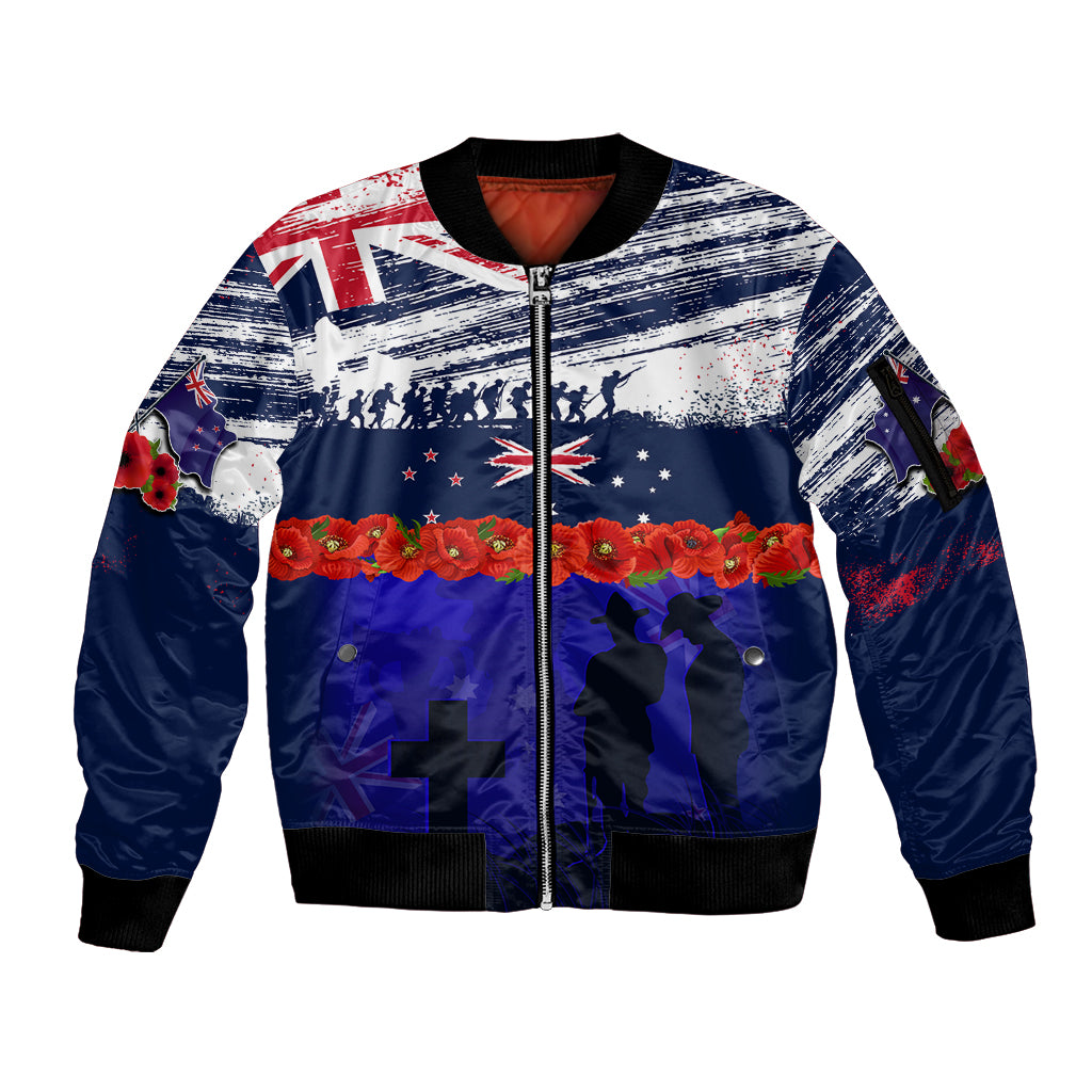 New Zealand and Australia ANZAC Day Sleeve Zip Bomber Jacket Lest We Forget Red Poppy Flowers and Soldier LT03 Unisex Blue - Polynesian Pride