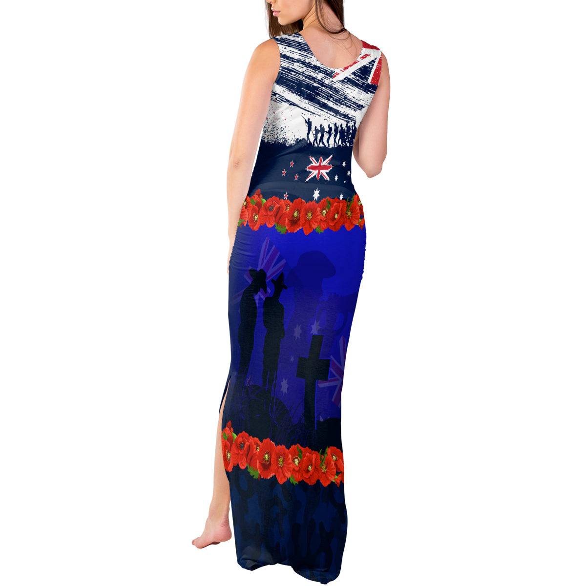 New Zealand and Australia ANZAC Day Tank Maxi Dress Lest We Forget Red Poppy Flowers and Soldier LT03 - Polynesian Pride