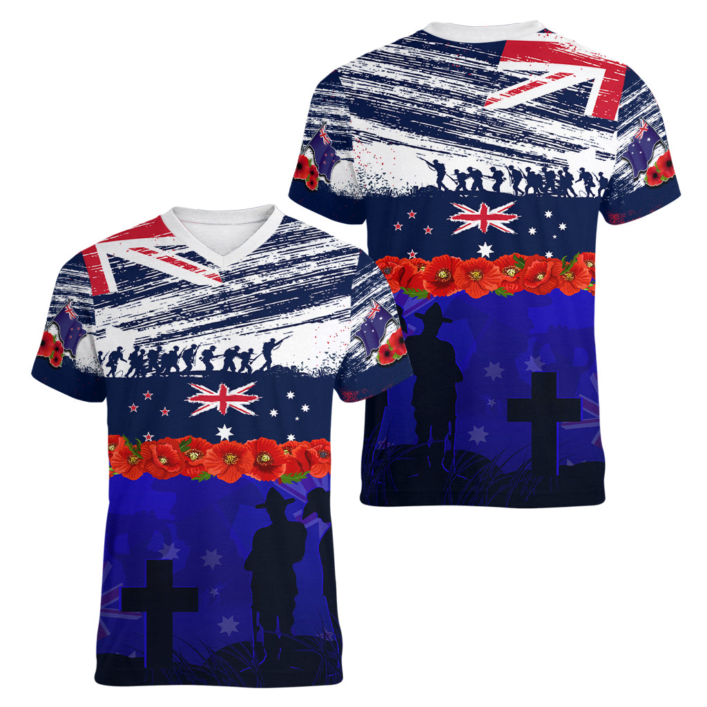 New Zealand and Australia ANZAC Day Women V Neck T Shirt Lest We Forget Red Poppy Flowers and Soldier LT03 - Polynesian Pride