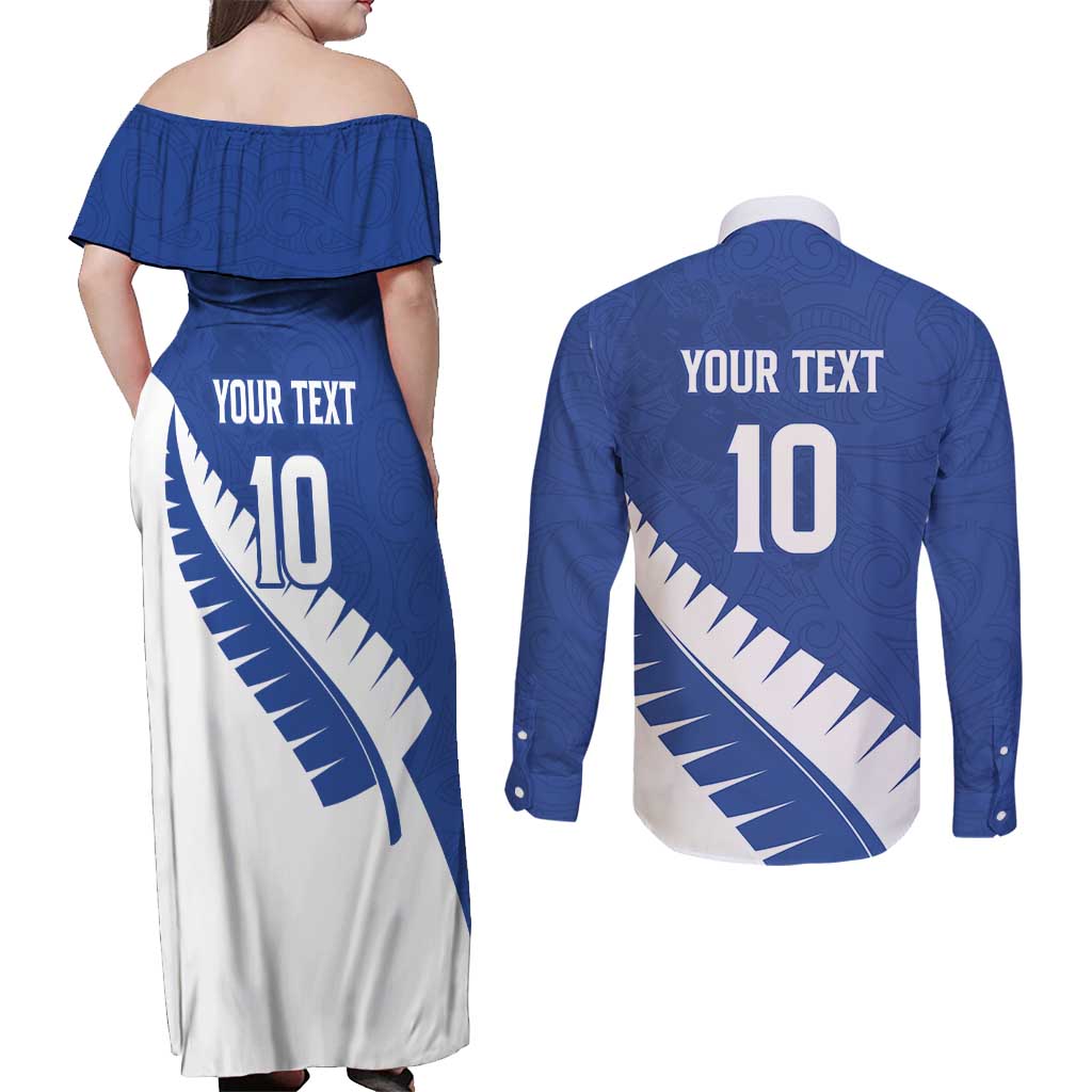 Custom New Zealand Cricket Couples Matching Off Shoulder Maxi Dress and Long Sleeve Button Shirt Kiwi Birds Haka Dance Blue Fern Sporty Style