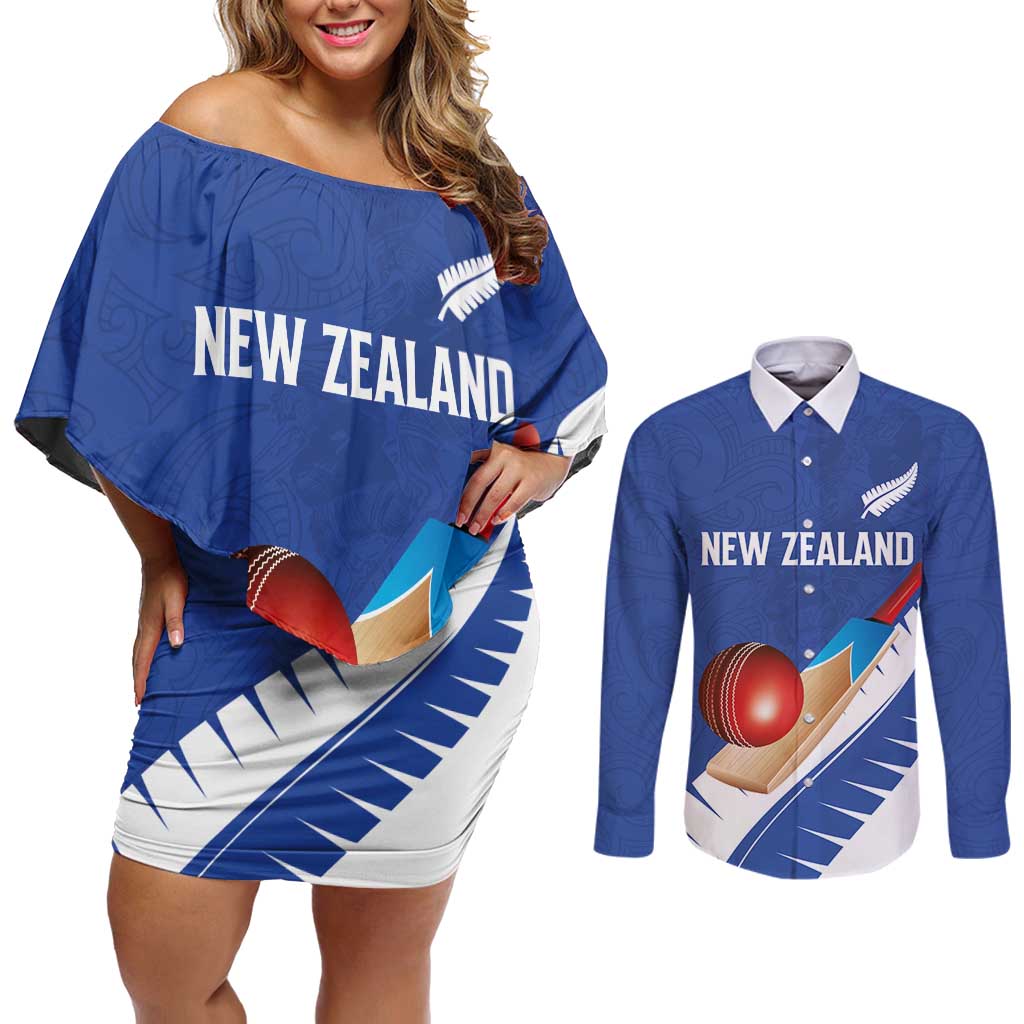 Custom New Zealand Cricket Couples Matching Off Shoulder Short Dress and Long Sleeve Button Shirt Kiwi Birds Haka Dance Blue Fern Sporty Style