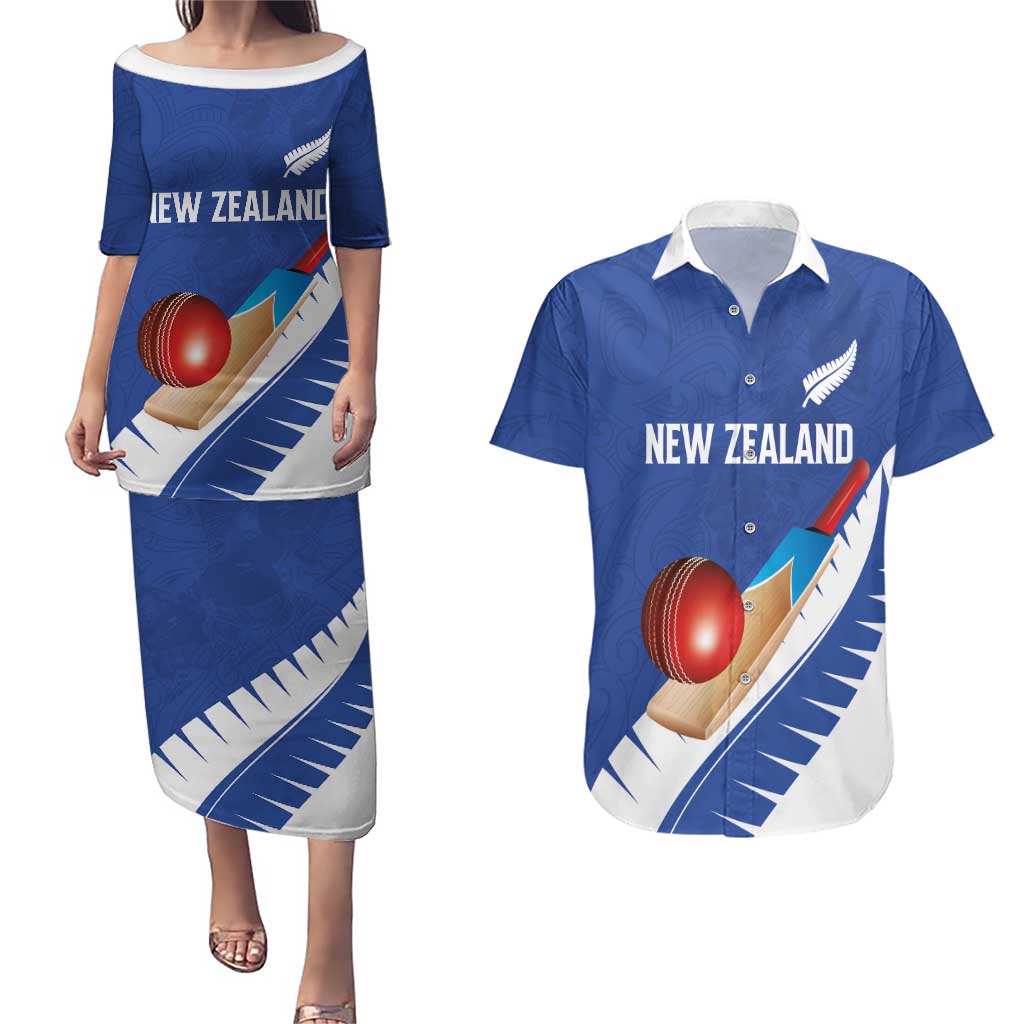 Custom New Zealand Cricket Couples Matching Puletasi and Hawaiian Shirt Kiwi Birds Haka Dance Blue Fern Sporty Style