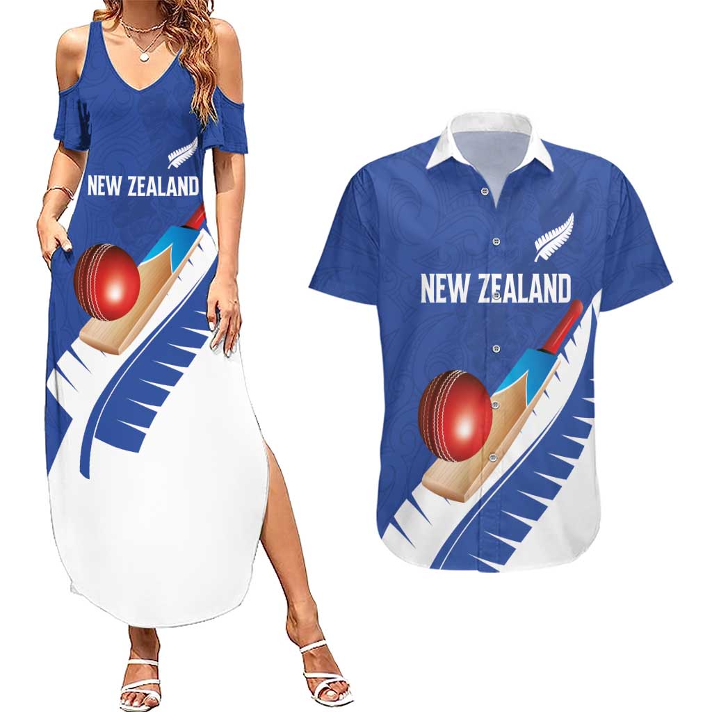 Custom New Zealand Cricket Couples Matching Summer Maxi Dress and Hawaiian Shirt Kiwi Birds Haka Dance Blue Fern Sporty Style