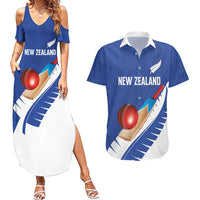 Custom New Zealand Cricket Couples Matching Summer Maxi Dress and Hawaiian Shirt Kiwi Birds Haka Dance Blue Fern Sporty Style